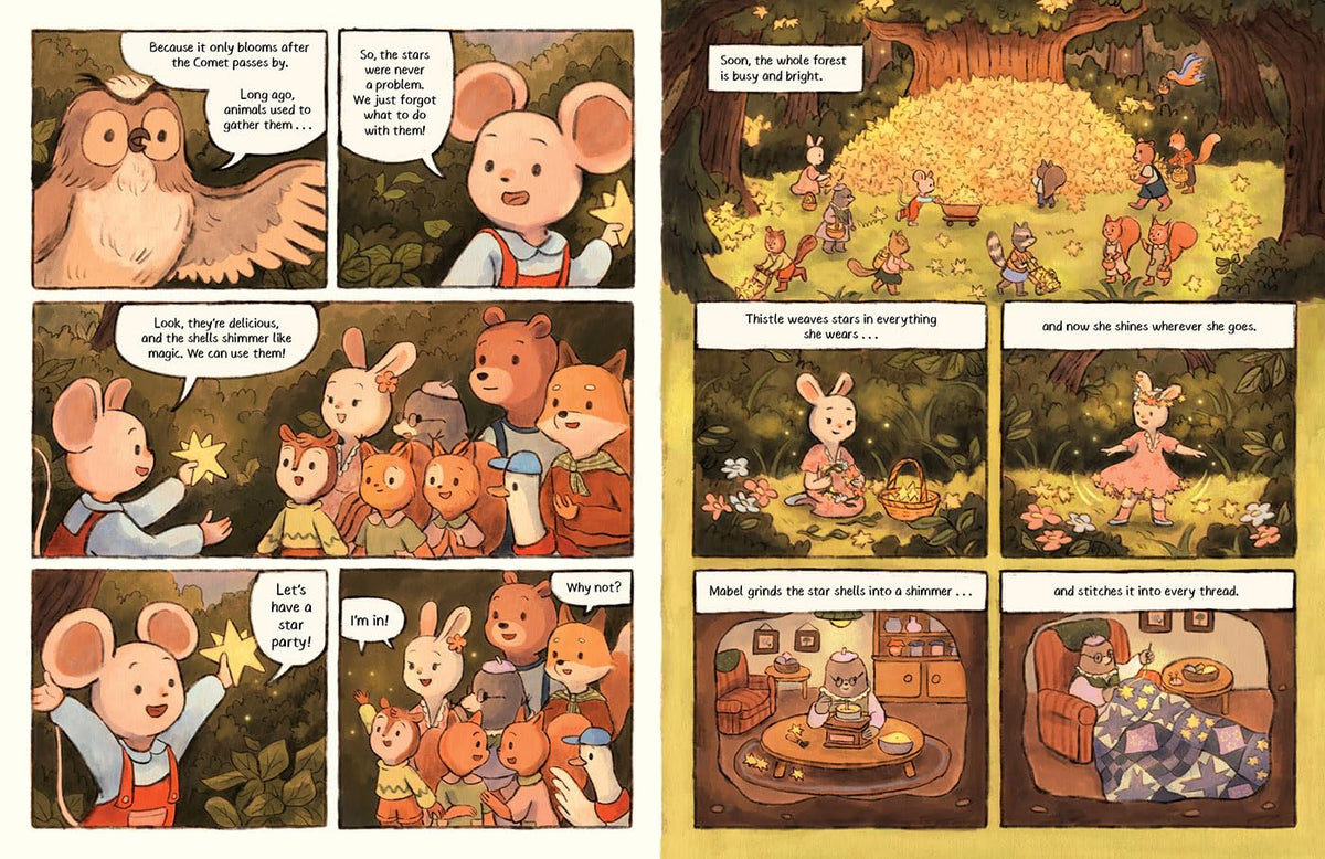 Open pages of The Star Tree: A Starlit Forest Tale featuring multiple comic-style panels with speech bubbles, showing animal characters gathering glowing stars, weaving them into clothing, and working together in cozy woodland settings.