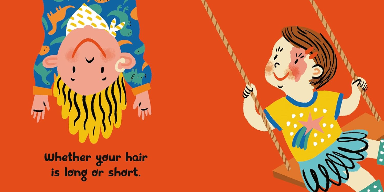Illustration of a child on a swing with text about hair length on an orange background