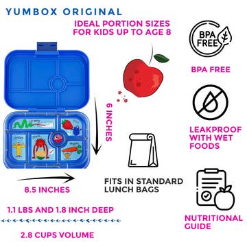 Yumbox Original lunch box with features listed on a white background