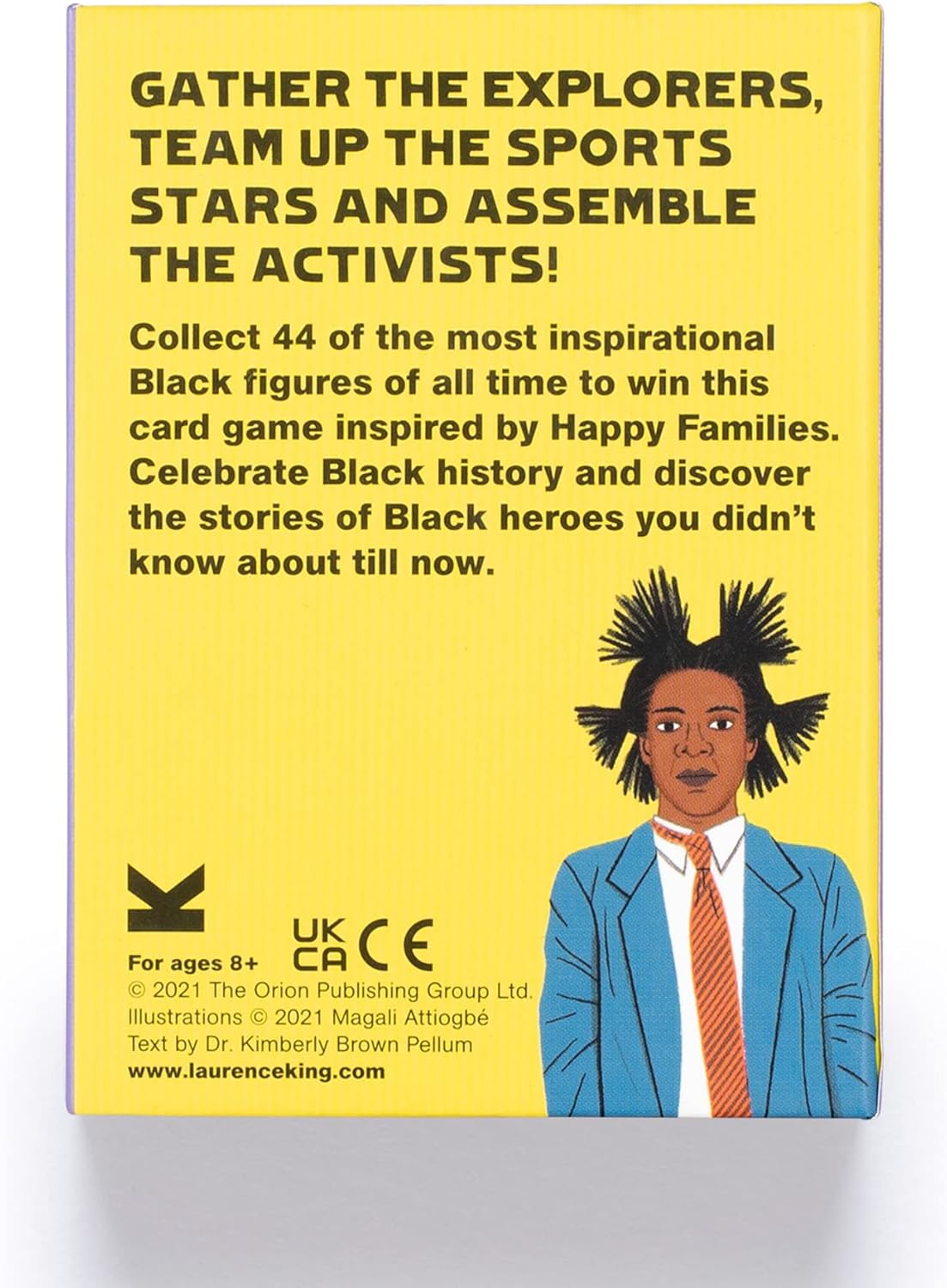 Card game box with text and illustration of a person on a yellow background