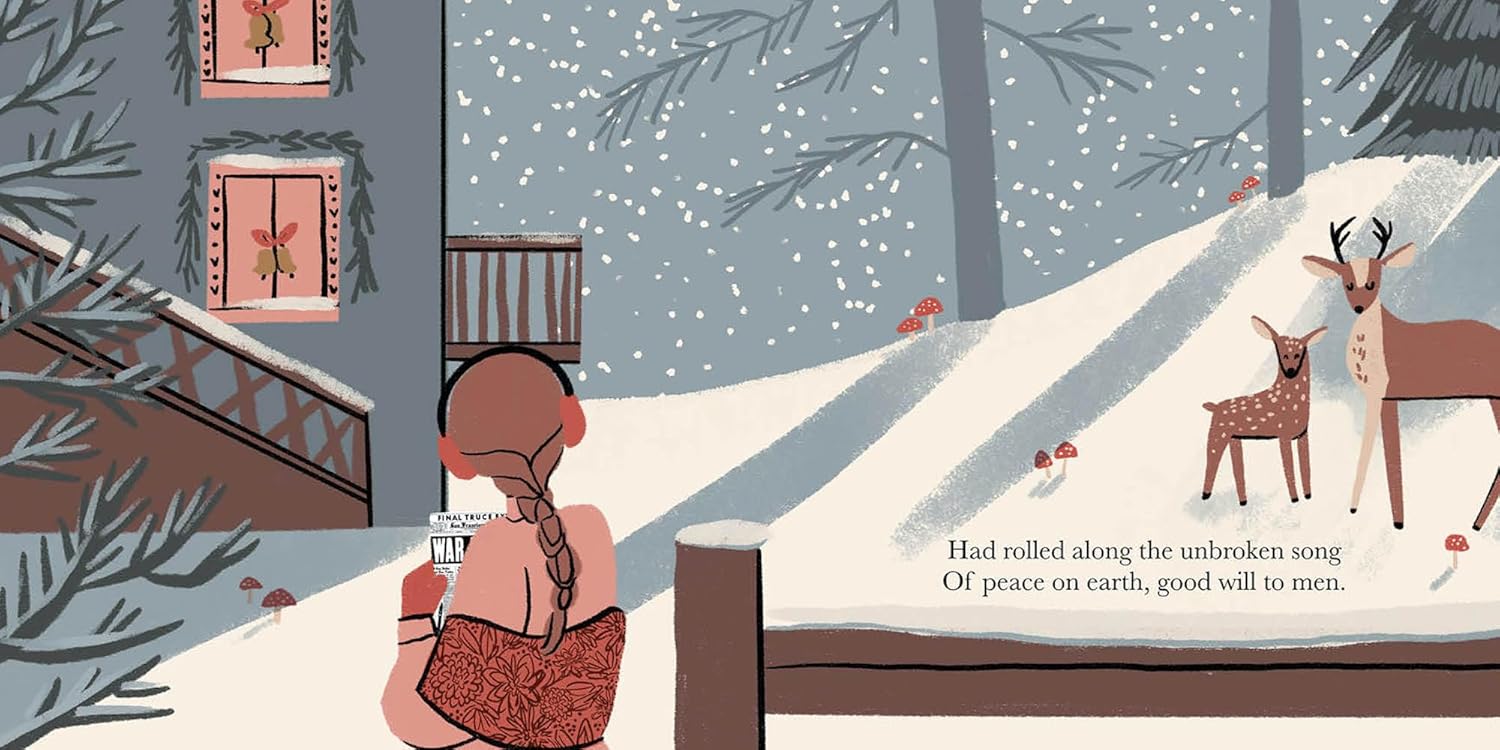 Illustration of a person sitting on a snowy porch with a deer, surrounded by snow-covered trees.