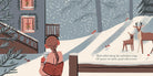 Illustration of a person sitting on a snowy porch with a deer, surrounded by snow-covered trees.
