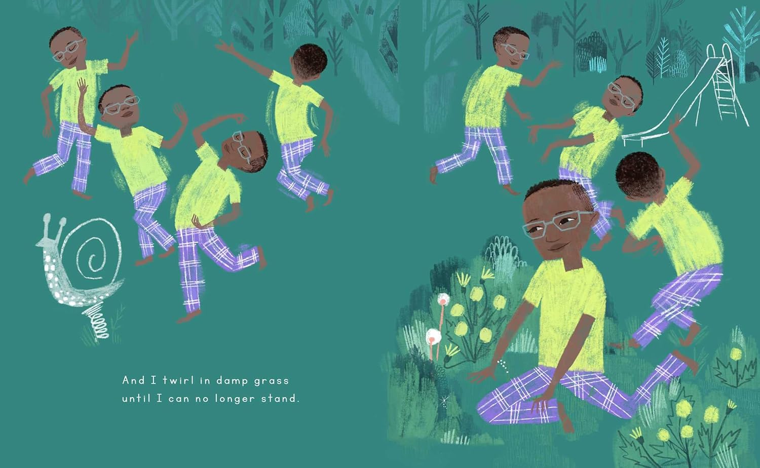 Illustration of children playing in a garden with text on a green background
