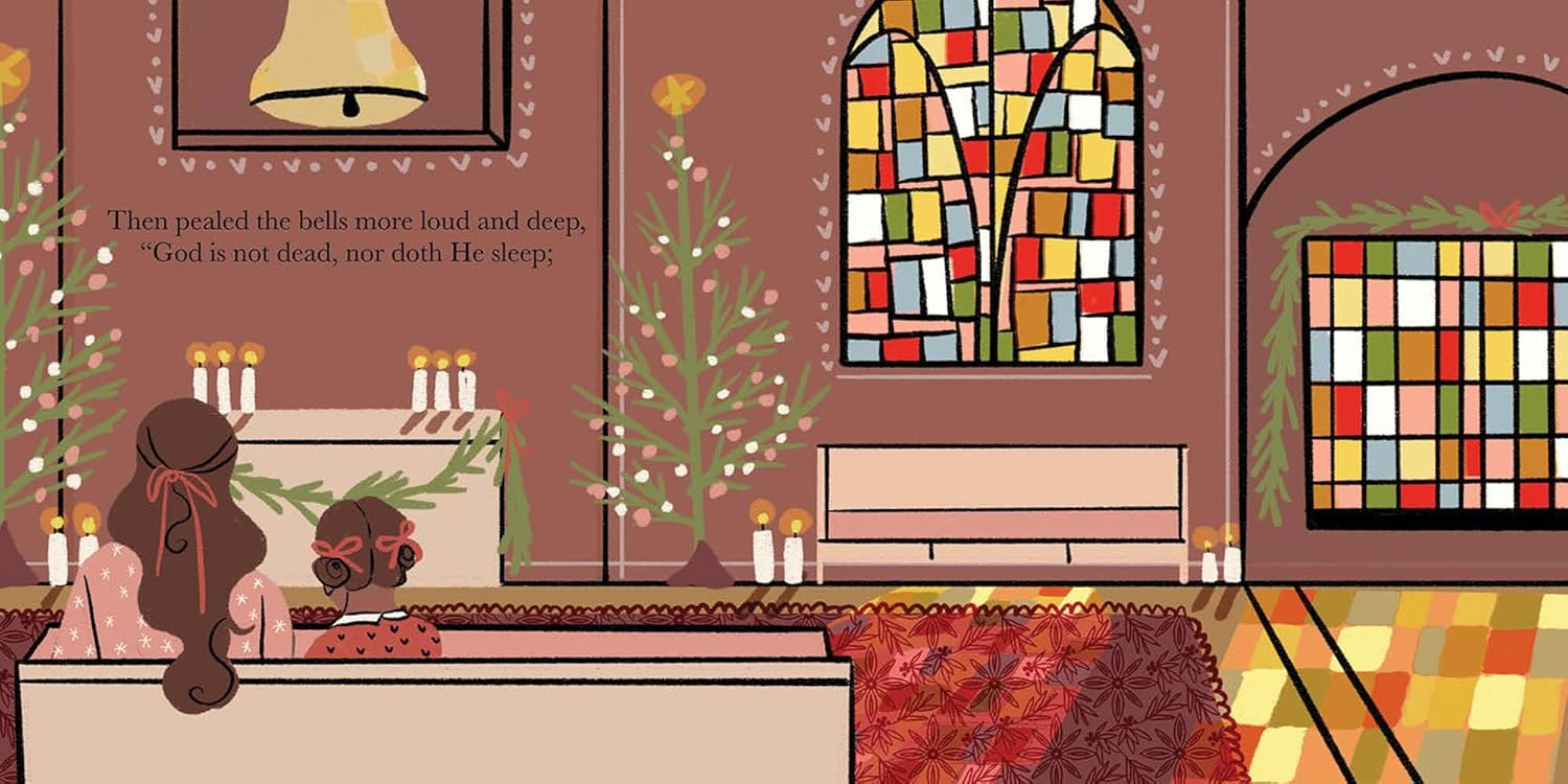 Illustrated room with stained glass windows, a gingerbread house, and Christmas trees.