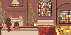 Illustrated room with stained glass windows, a gingerbread house, and Christmas trees.