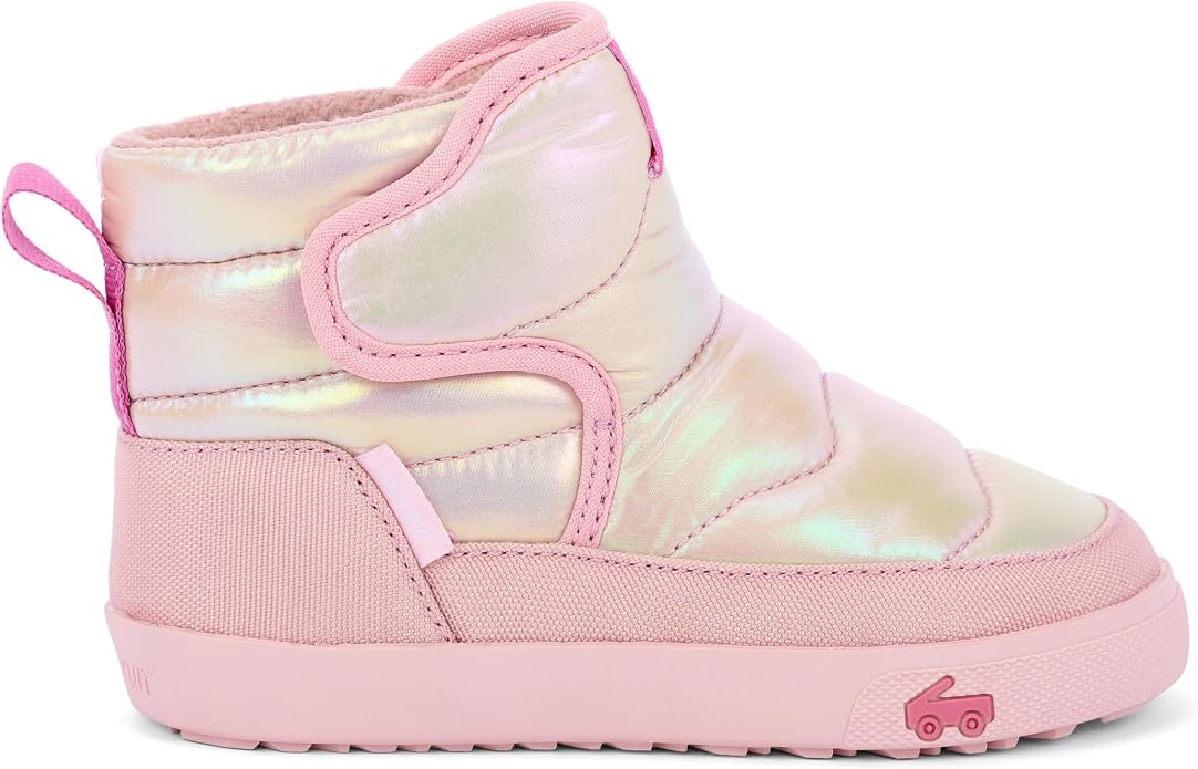 A pink high-top winter boot with an iridescent metallic upper, pink fabric trim, a pink pull tab, and a pink sole with a small car logo.