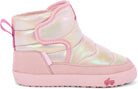 A pink high-top winter boot with an iridescent metallic upper, pink fabric trim, a pink pull tab, and a pink sole with a small car logo.