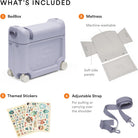 Bedding set with bed box, mattress, stickers, and strap on a white background