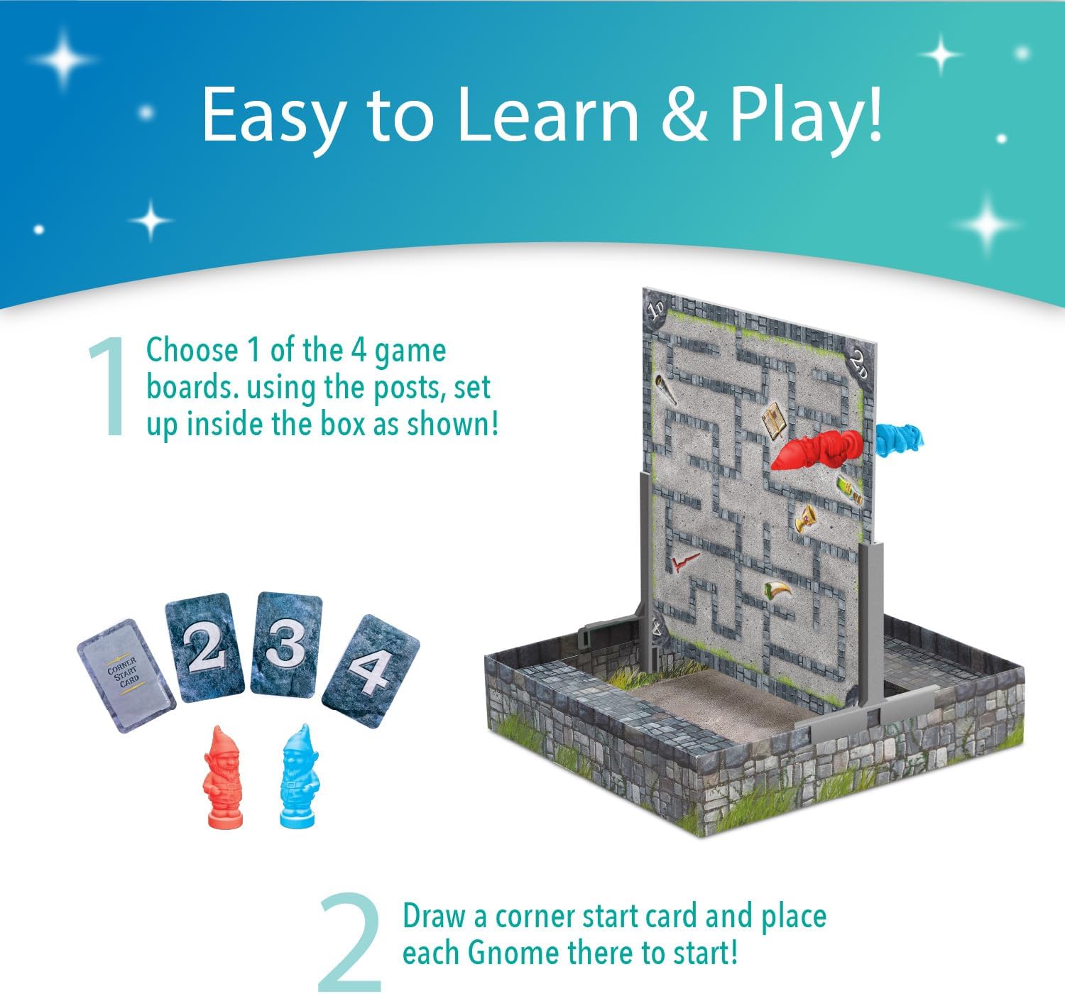 Board game set with instructions on how to play, featuring game boards and gnomes.