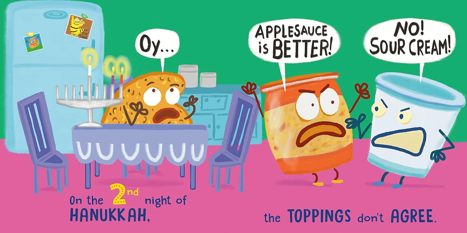 Cartoon illustration of applesauce, sour cream, and a cookie at a Hanukkah dinner table with dialogue bubbles.
