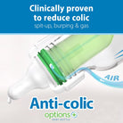 Anti-colic baby bottle with air vent and text on a white background