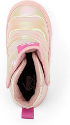 A pink ankle boot with an iridescent, holographic finish on the exterior and a plush pink interior, shown from a top-down angle on a white background.