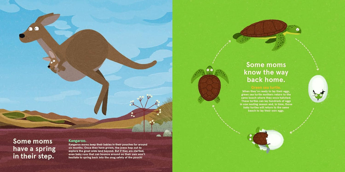 Illustration of a kangaroo and a turtle with text on a green background