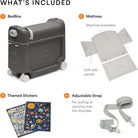 Bedding set with bed box, mattress, stickers, and strap on a white background