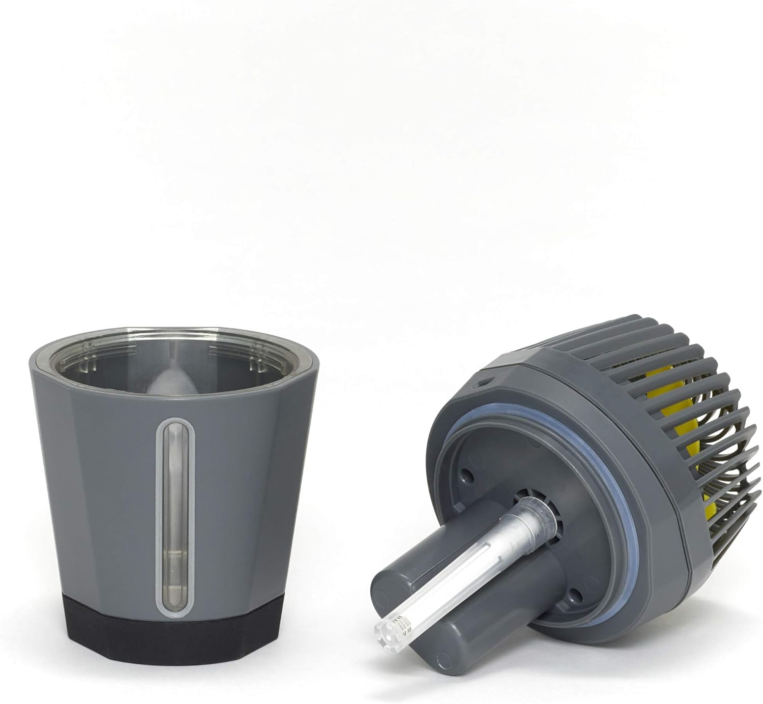 Gray and black cylindrical product with a white interior on a white background
