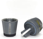 Gray and black cylindrical product with a white interior on a white background