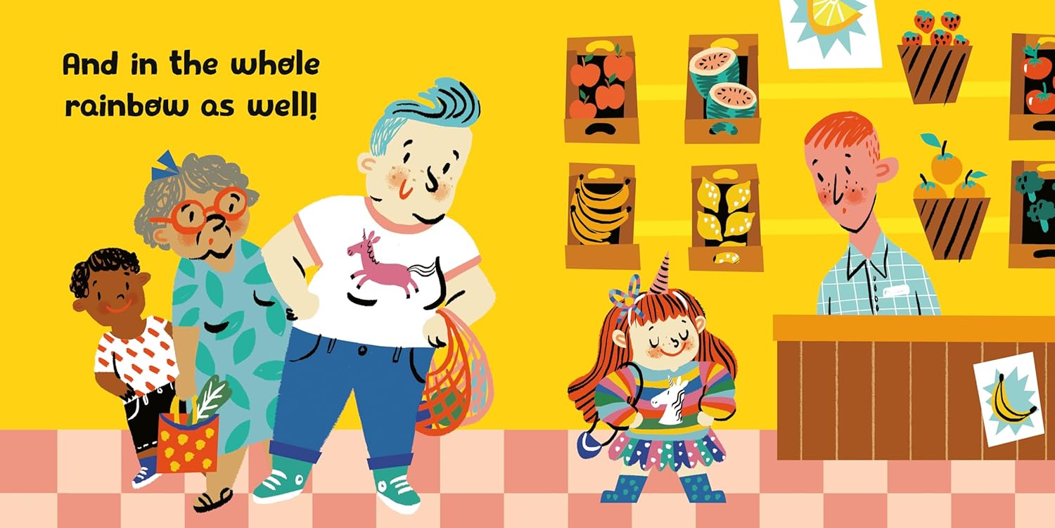 Illustration of a family in a colorful room with text 'And in the whole rainbow as well!