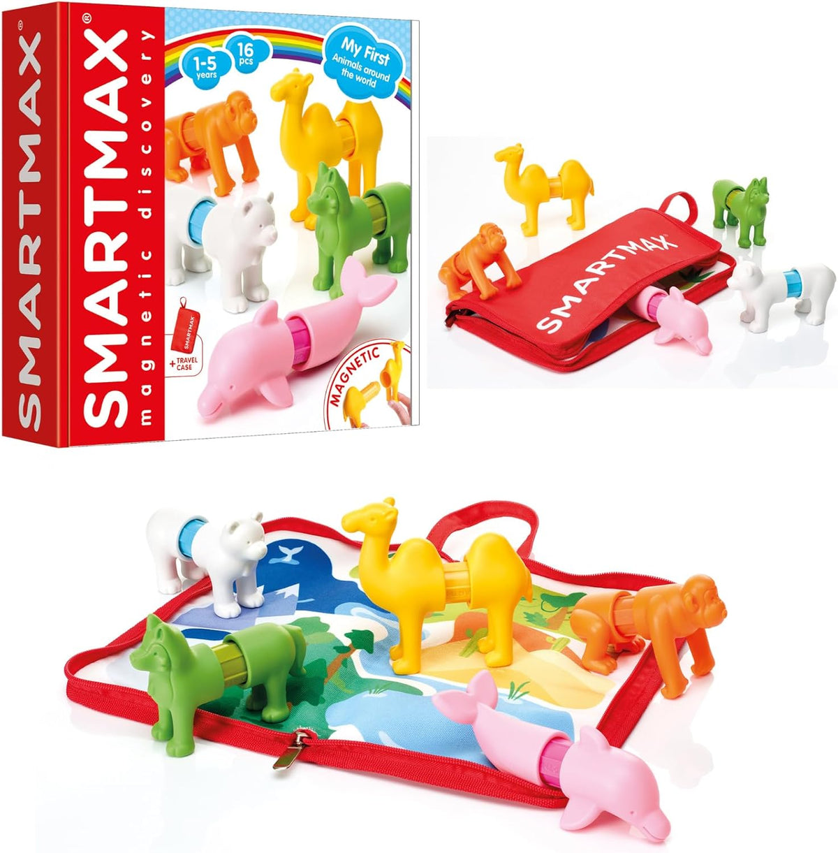 SMARTMAX magnetic discovery set with colorful animal figures and packaging on a white background