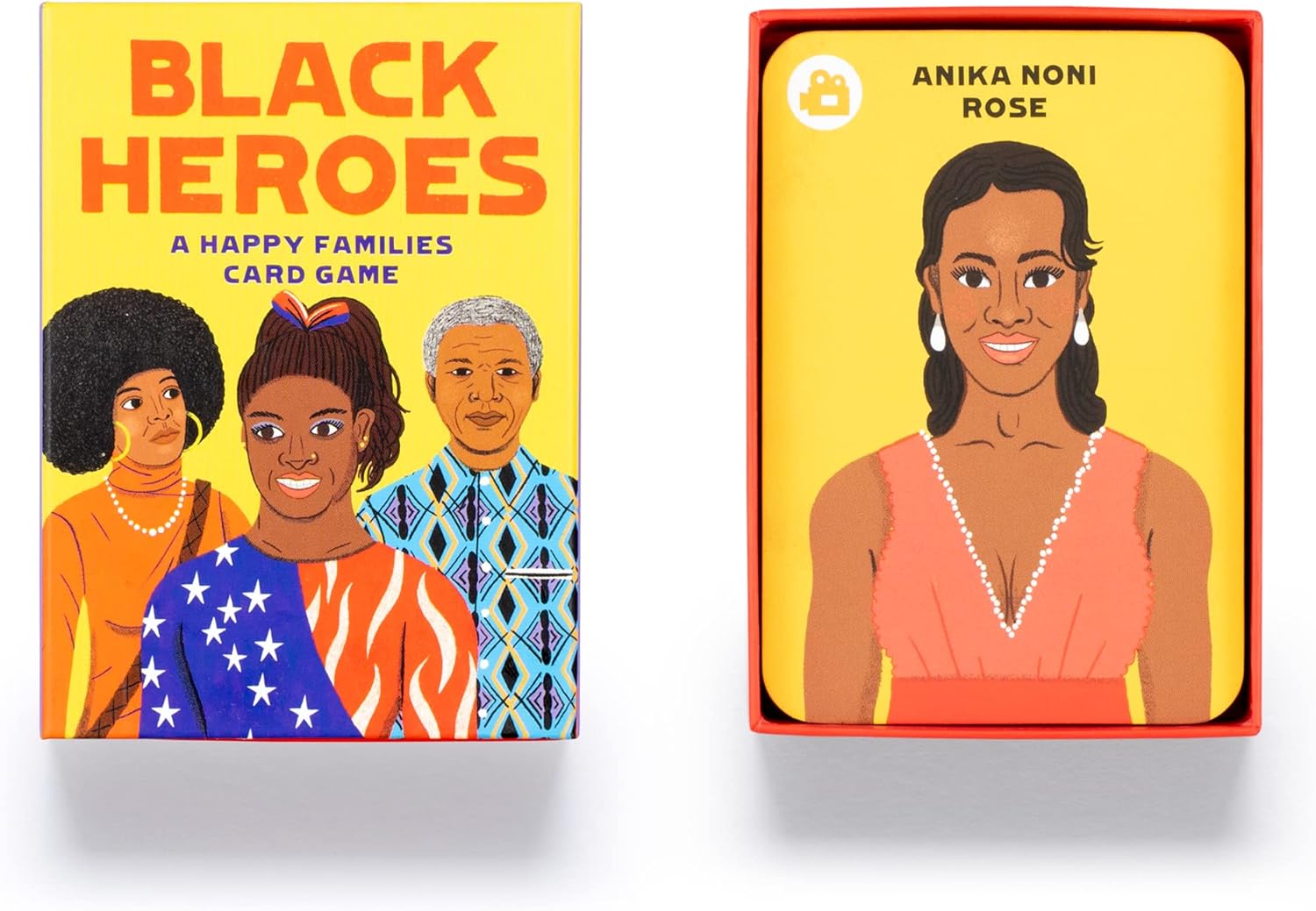 Card game box titled 'Black Heroes' with illustrations of people on a yellow background.