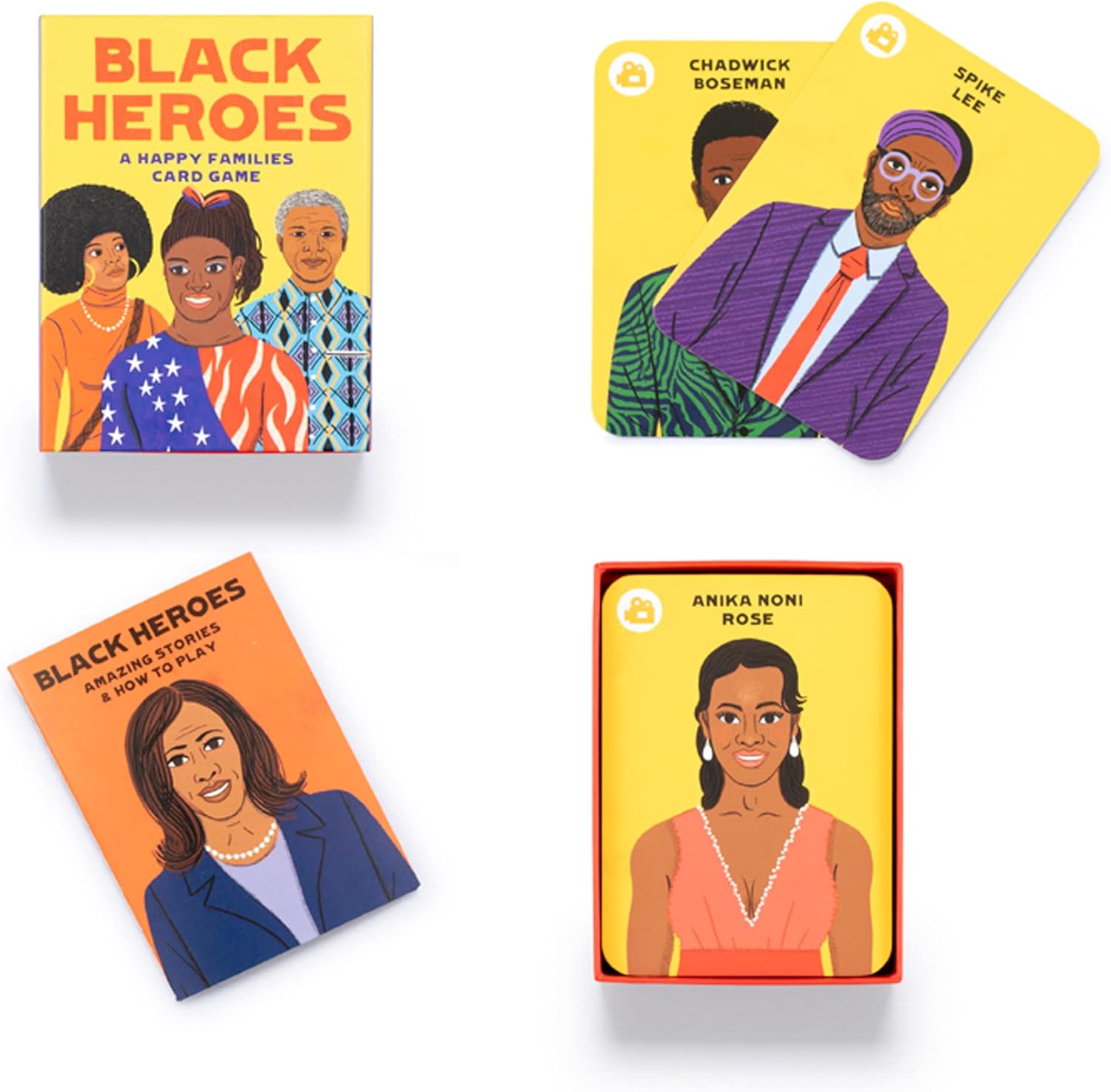 Set of cards featuring illustrated portraits of Black heroes with colorful backgrounds.