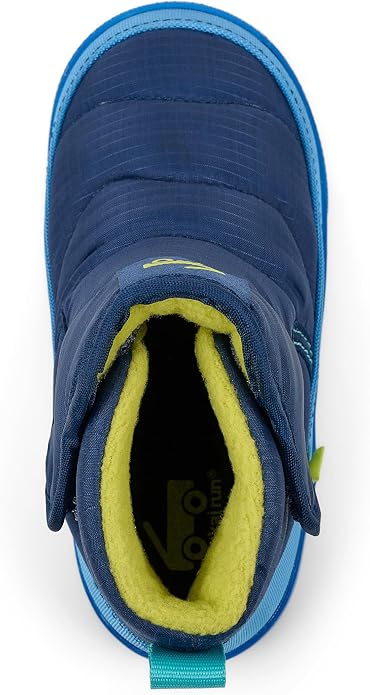 A top-down view of a blue and yellow winter boot, showing the padded blue exterior, bright yellow fleece lining, and a blue pull tab on a white background.