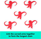 Five red plastic monkeys arranged on a white background, accompanied by the text "Link the curved arms together to form the longest chain" for the Barrel of Monkeys Game by Continuum Games.