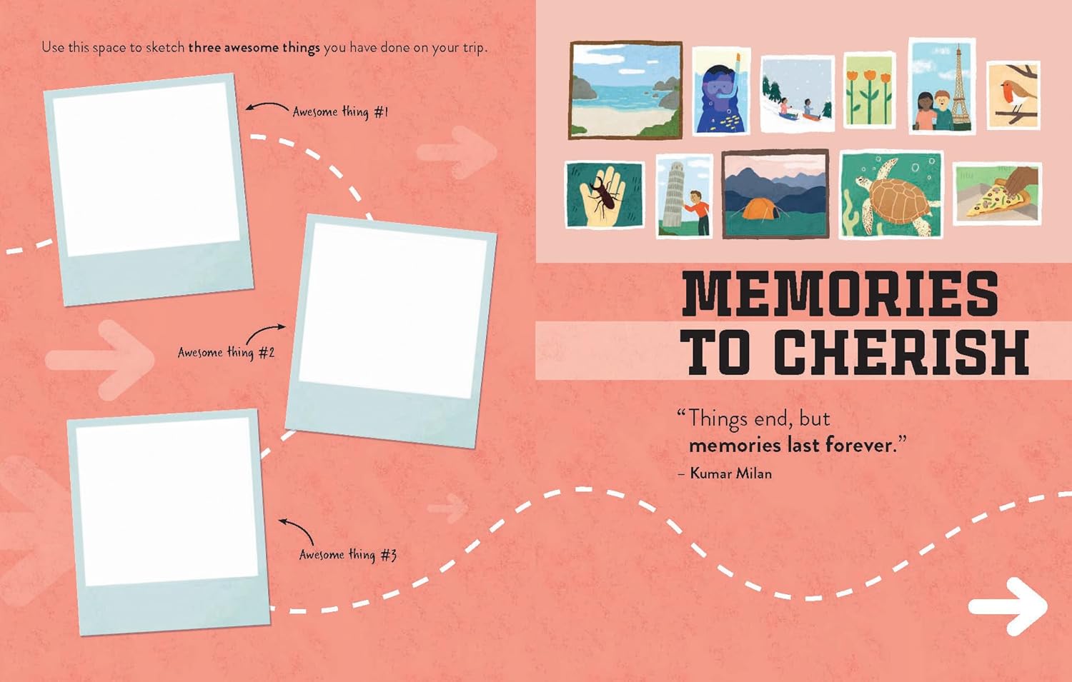 Illustration of a travel journal with Polaroid-style frames and scenic illustrations on a pink background.