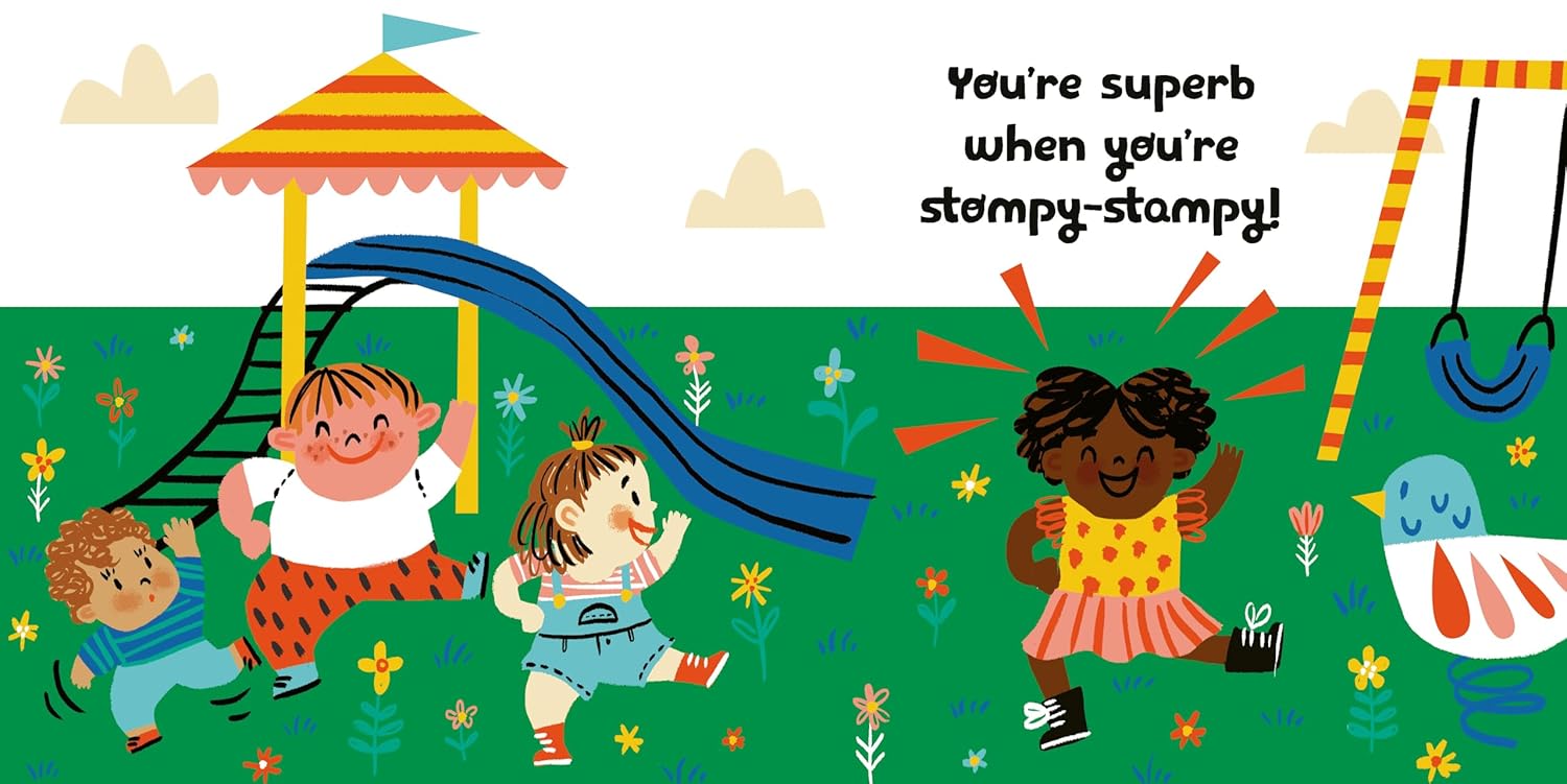 Children playing at a playground with text 'You're superb when you're stumpy-stampy!'