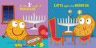 Illustration of a latke character lighting a menorah on the first night of Hanukkah.