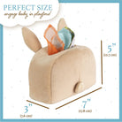 Beige plush toy with rabbit ears and measurements on a white background