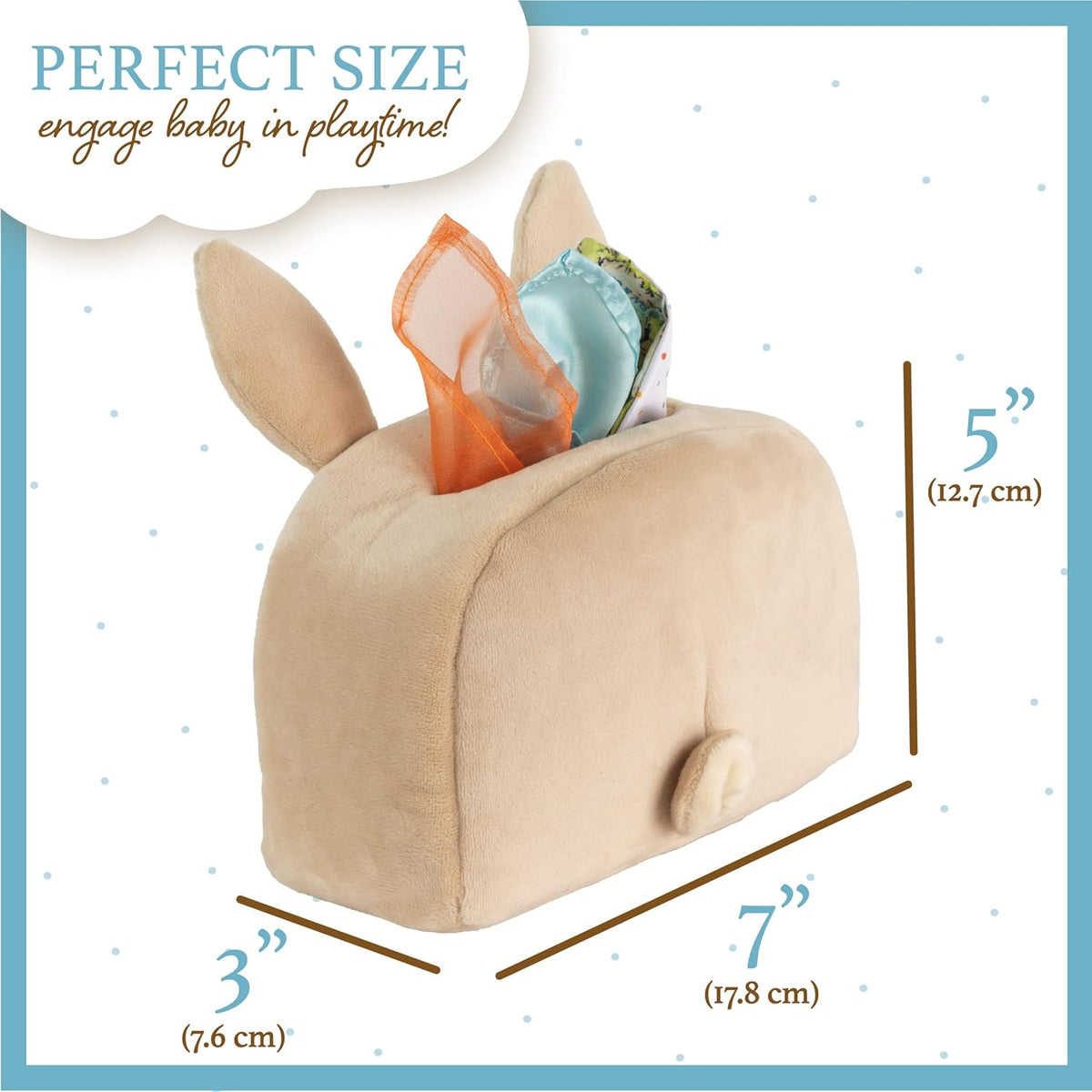 Beige plush toy with rabbit ears and measurements on a white background
