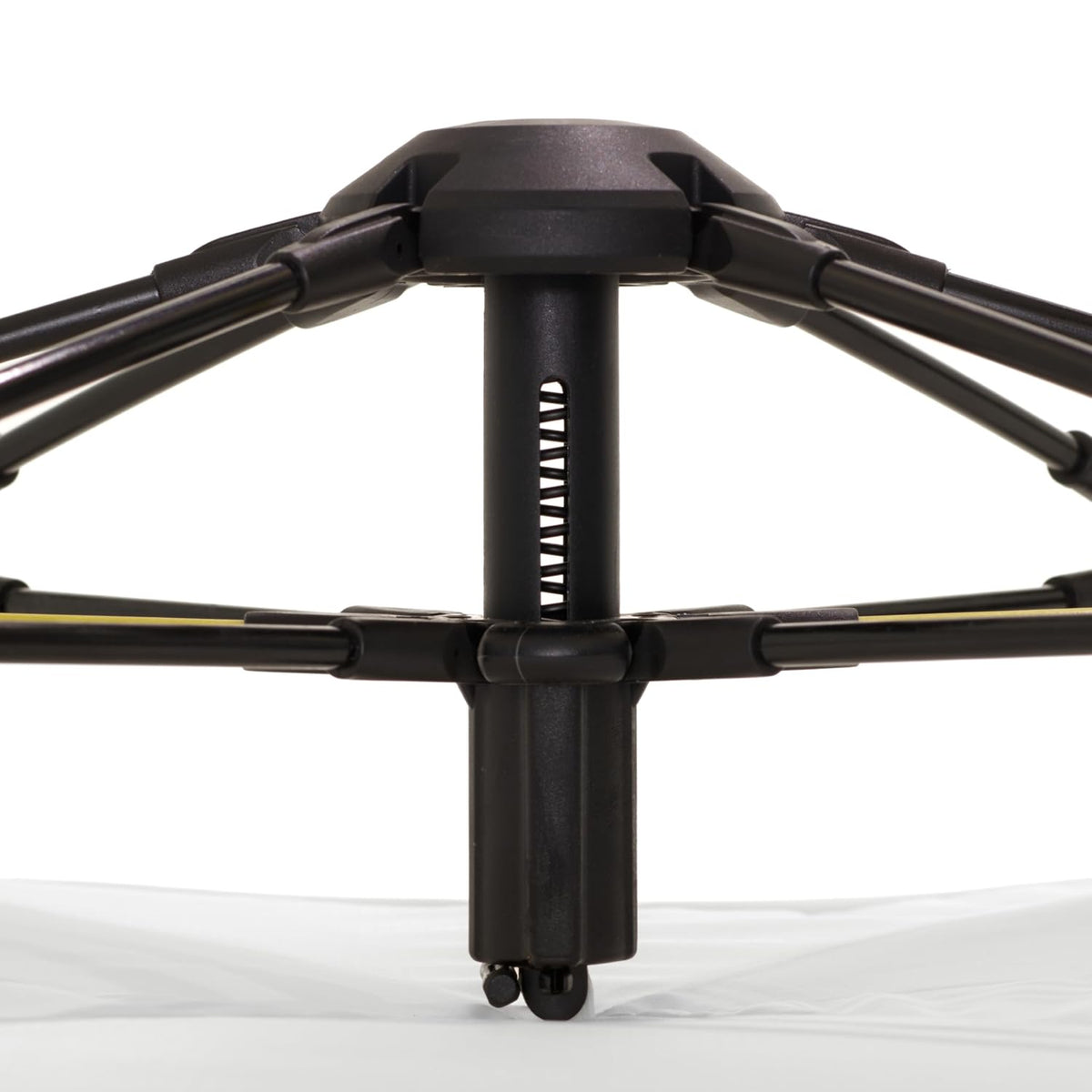 Black metal stand with adjustable legs on a white background