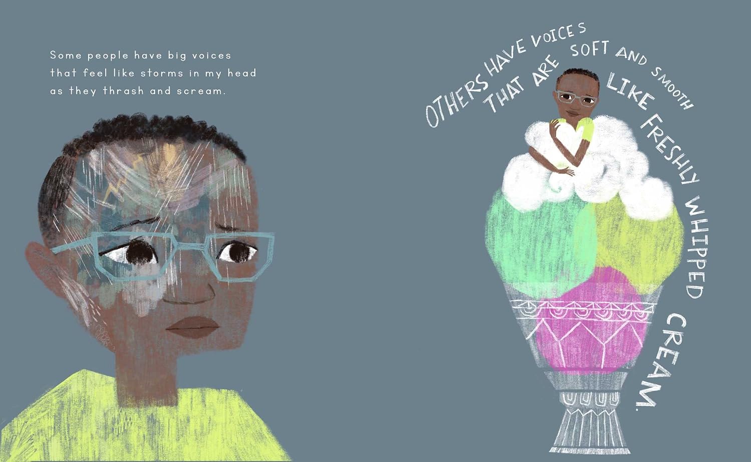 Illustration of a child with glasses and text about different types of voices on a gray background