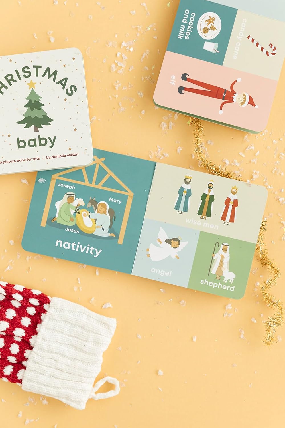 Educational Christmas cards on a yellow background with festive decor.