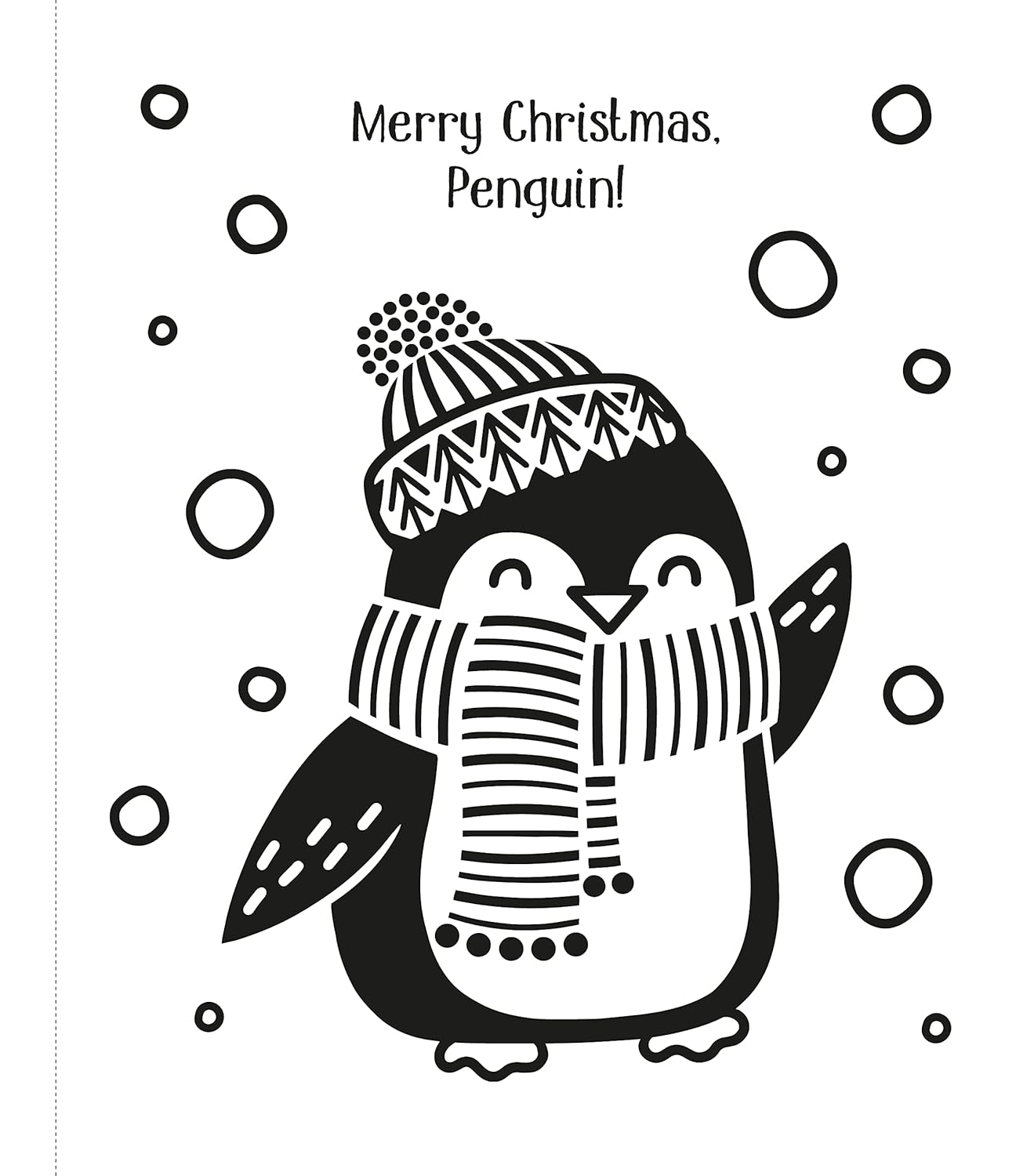 Black and white illustration of a penguin wearing a hat and scarf with 'Merry Christmas, Penguin!' text.