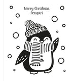 Black and white illustration of a penguin wearing a hat and scarf with 'Merry Christmas, Penguin!' text.