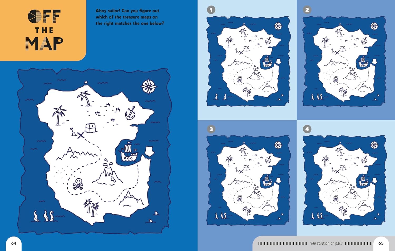 Puzzle book page with four maps on a blue background