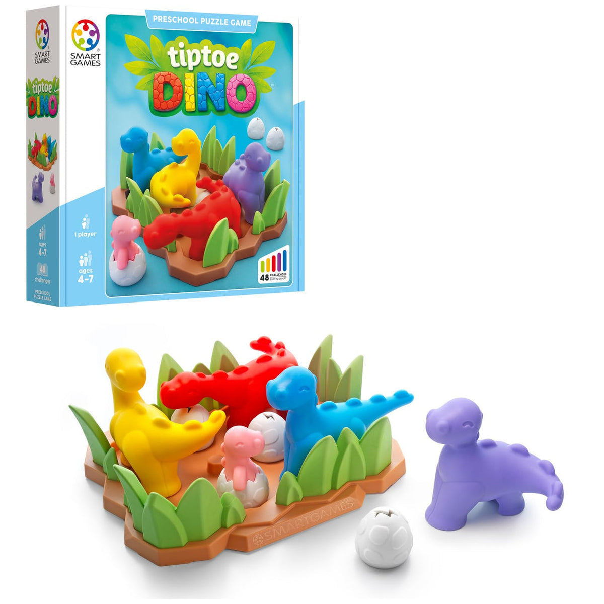 Smart Games tiptoe Dino preschool puzzle game shown with its retail box and the toy pieces arranged on a white background. The set includes colorful dinosaur figures, a base with grass, and small egg-like pieces.