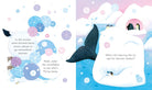 Illustrated book page with penguins and an iceberg on a snowy background