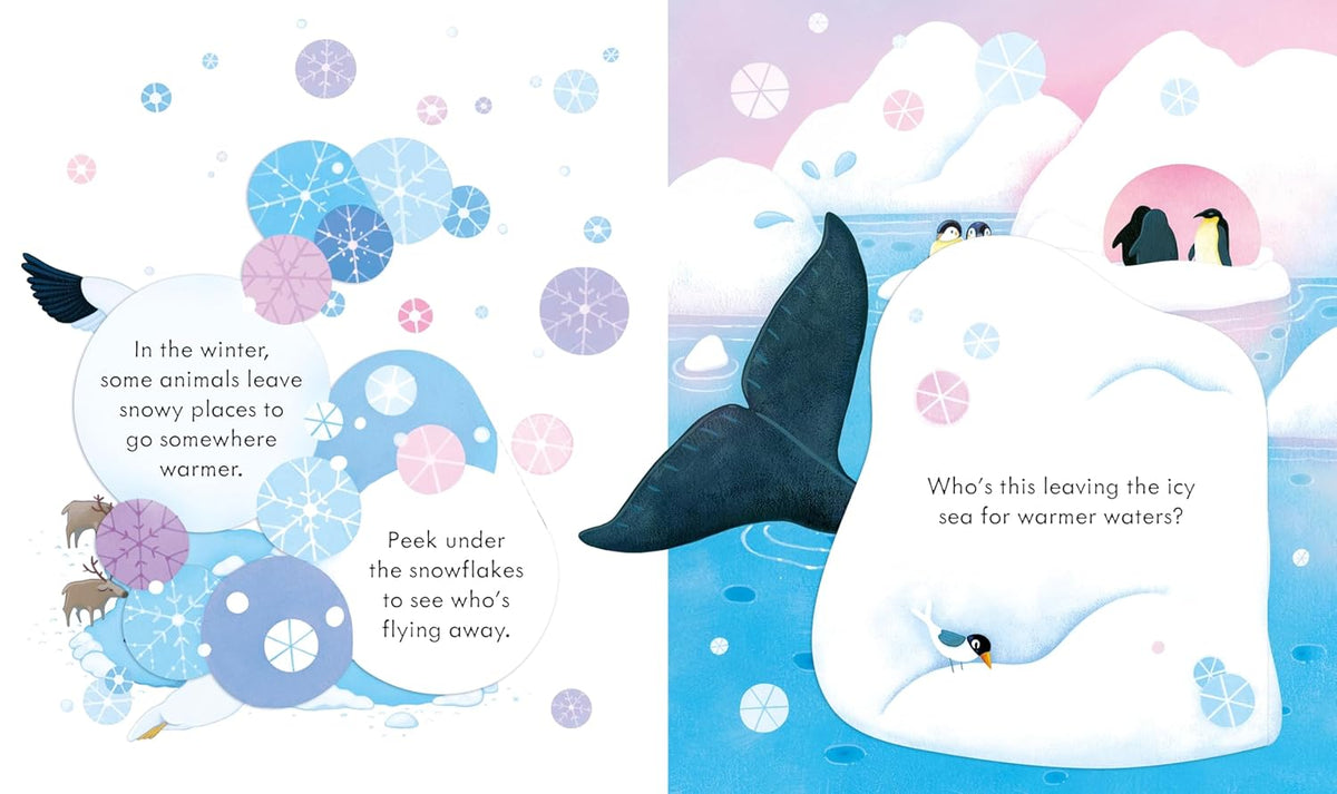 Illustrated book page with penguins and an iceberg on a snowy background