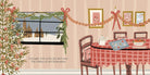 Illustration of a cozy room with a table, chairs, and Christmas decorations.