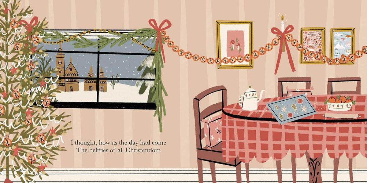 Illustration of a cozy room with a table, chairs, and Christmas decorations.