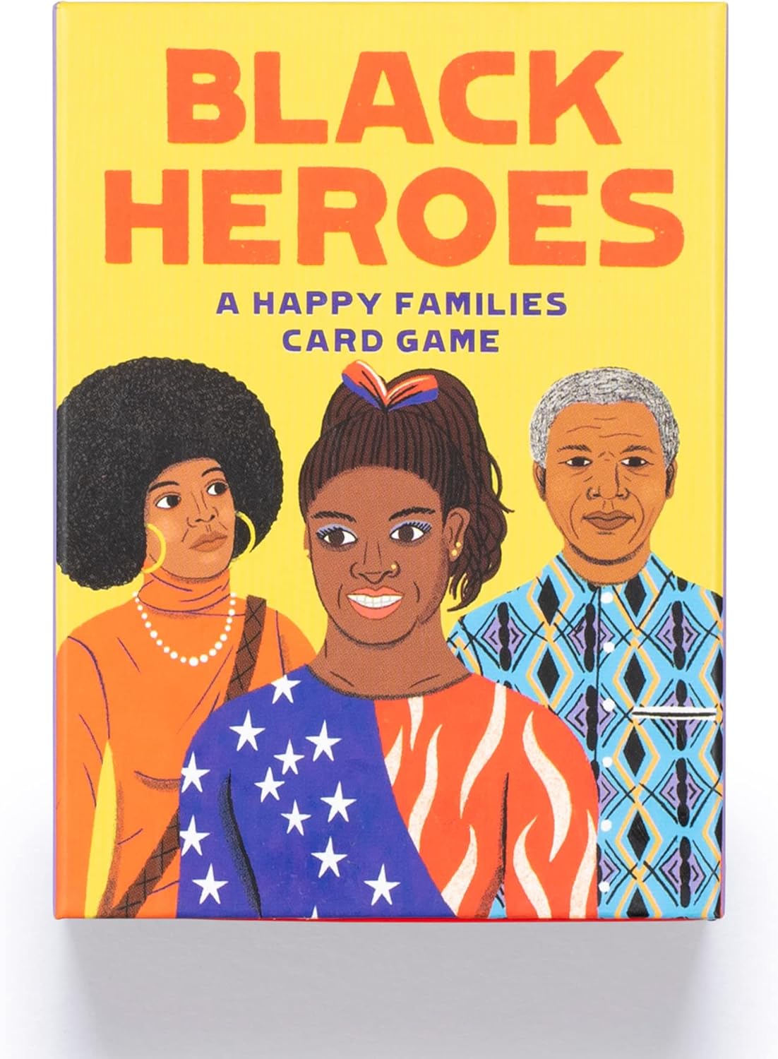 Card game box titled 'Black Heroes' featuring three illustrated figures on a yellow background.