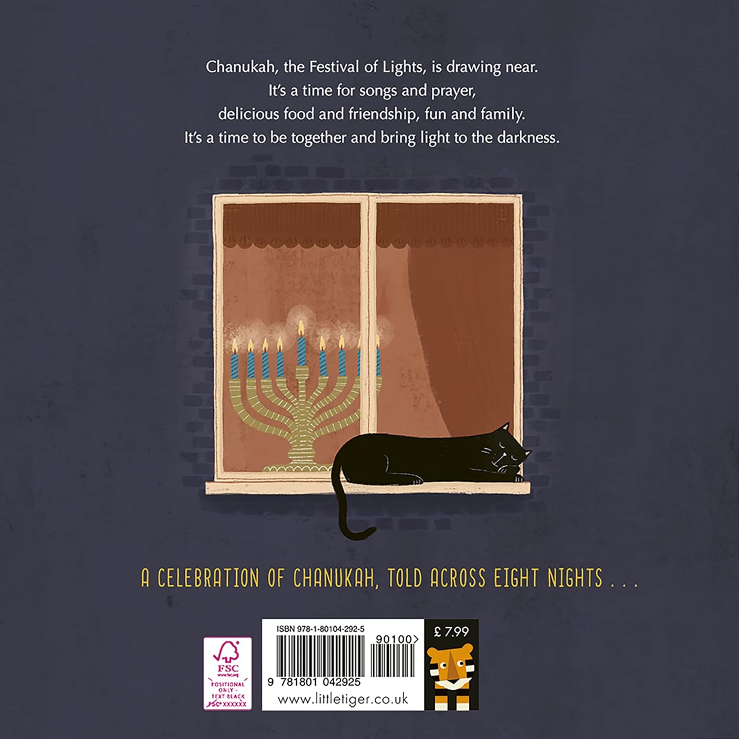 Illustration of a window with a menorah and a cat, set against a dark background with text about Chanukah.
