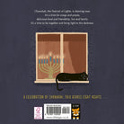 Illustration of a window with a menorah and a cat, set against a dark background with text about Chanukah.