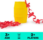 A yellow plastic storage barrel from the Barrel of Monkeys Game by Continuum Games with red plastic monkeys linked together on and around it, next to an informational badge indicating ages 3+ and 2+ players.