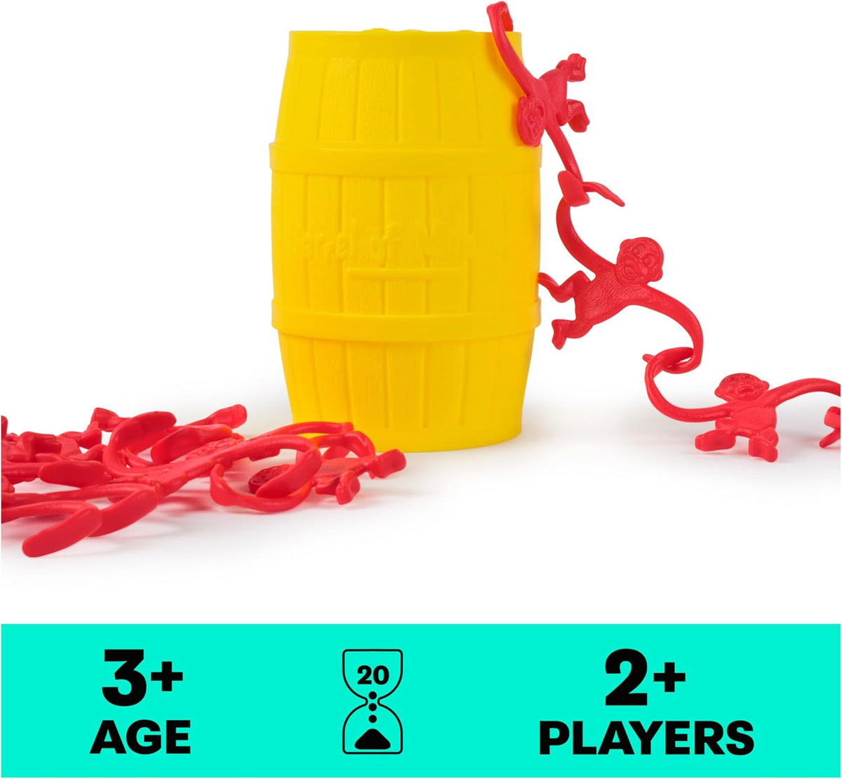 A yellow plastic storage barrel from the Barrel of Monkeys Game by Continuum Games with red plastic monkeys linked together on and around it, next to an informational badge indicating ages 3+ and 2+ players.