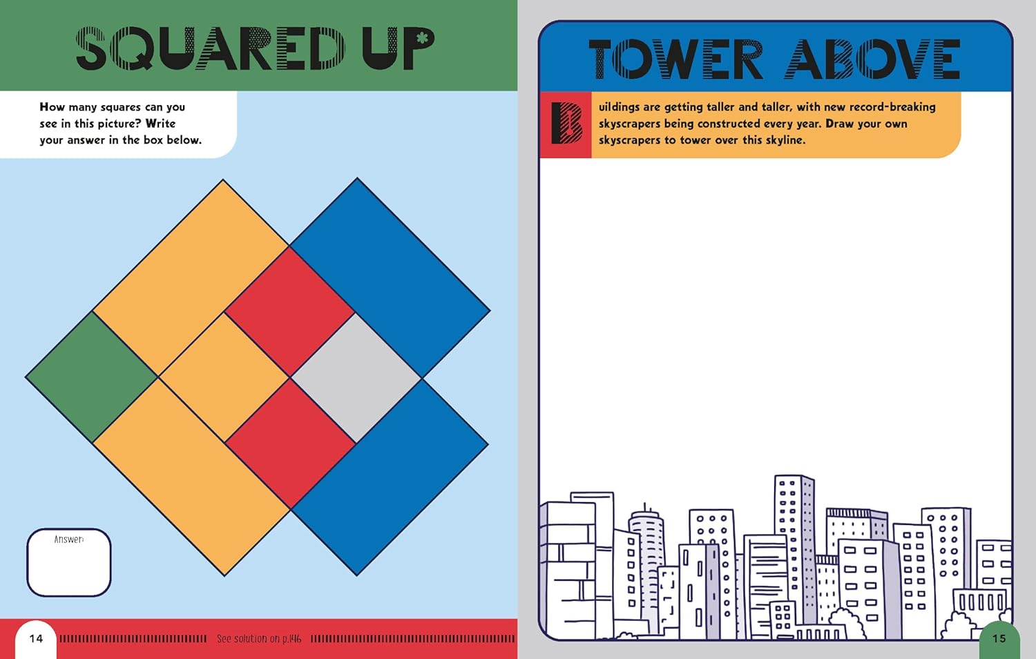 Two educational pages from a book: one with geometric shapes and the other with a cityscape.