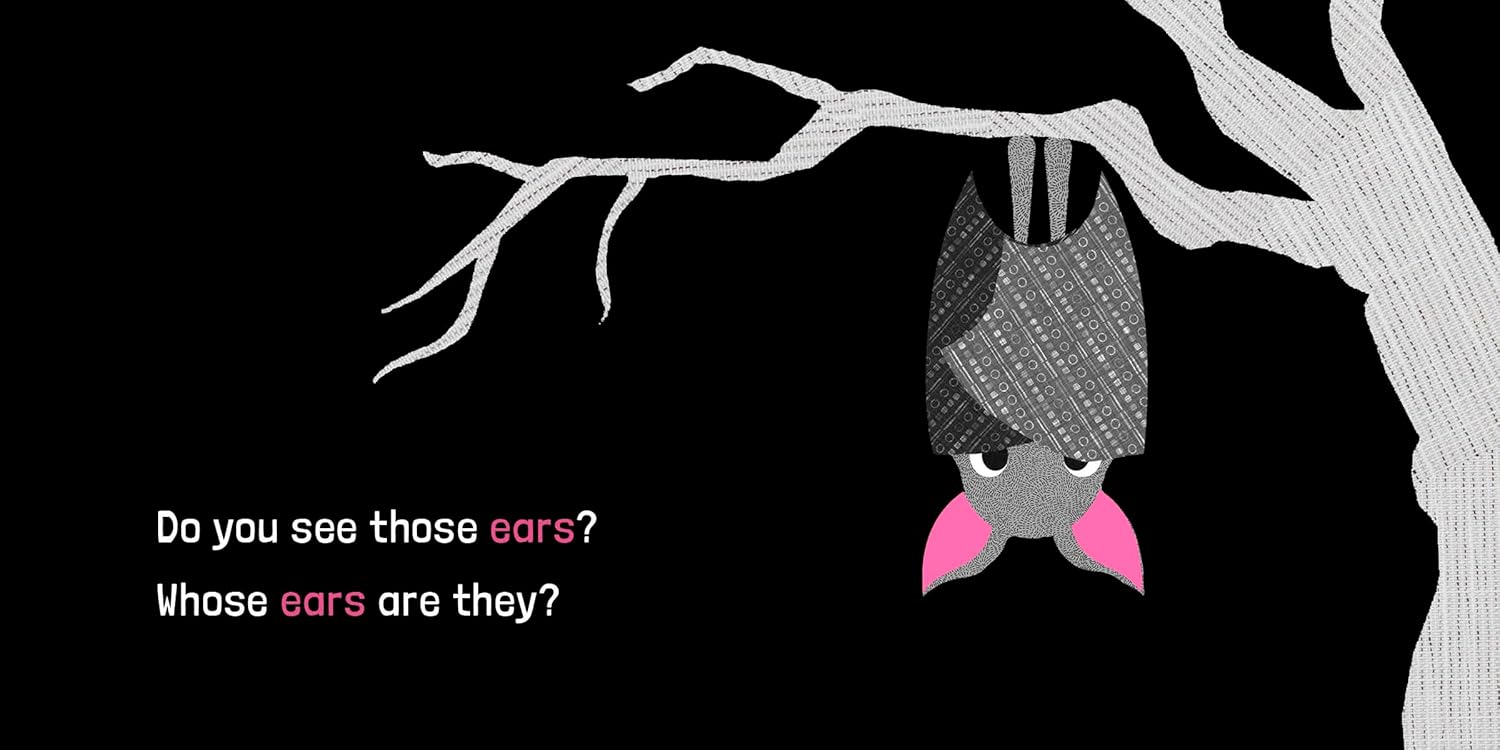 Illustration of a bat hanging from a tree branch with text on a black background