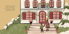 Illustration of a couple and child in front of a decorated house with Christmas decorations.
